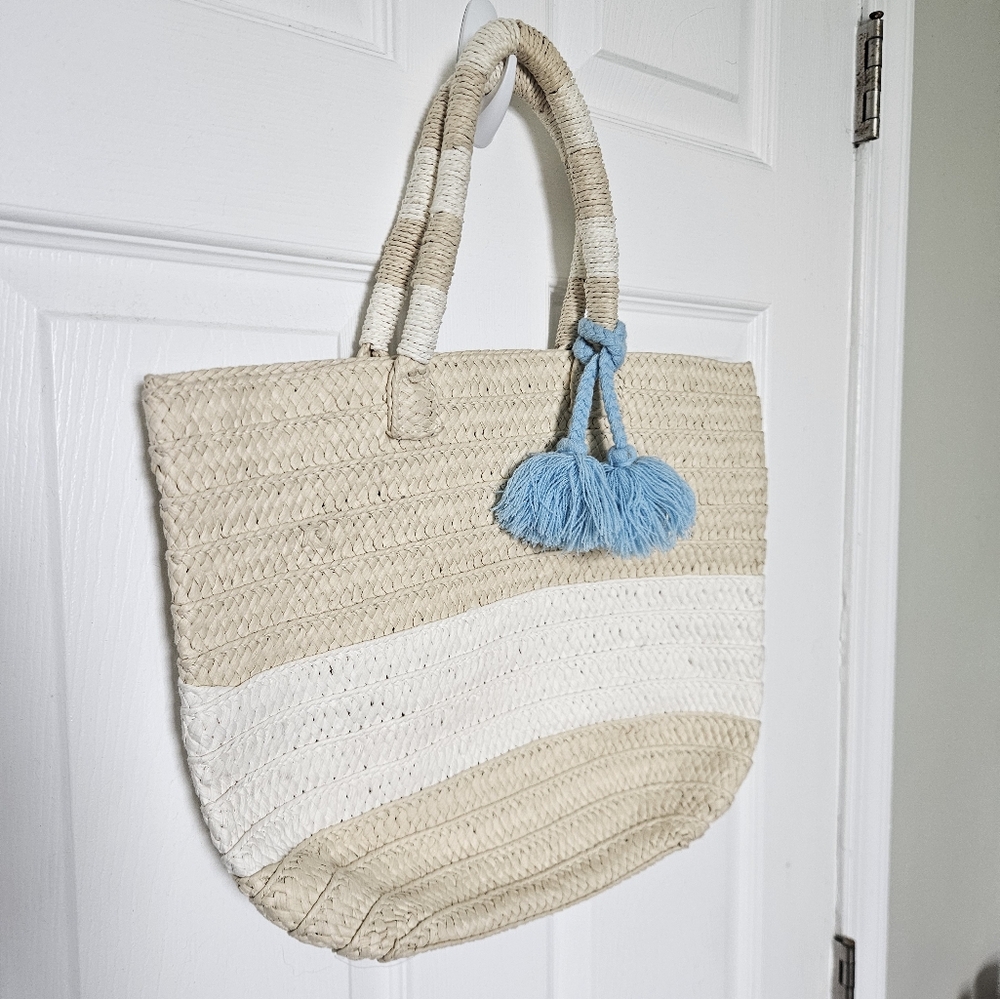 Stylish Beige and White Tote Bag with Blue Accent